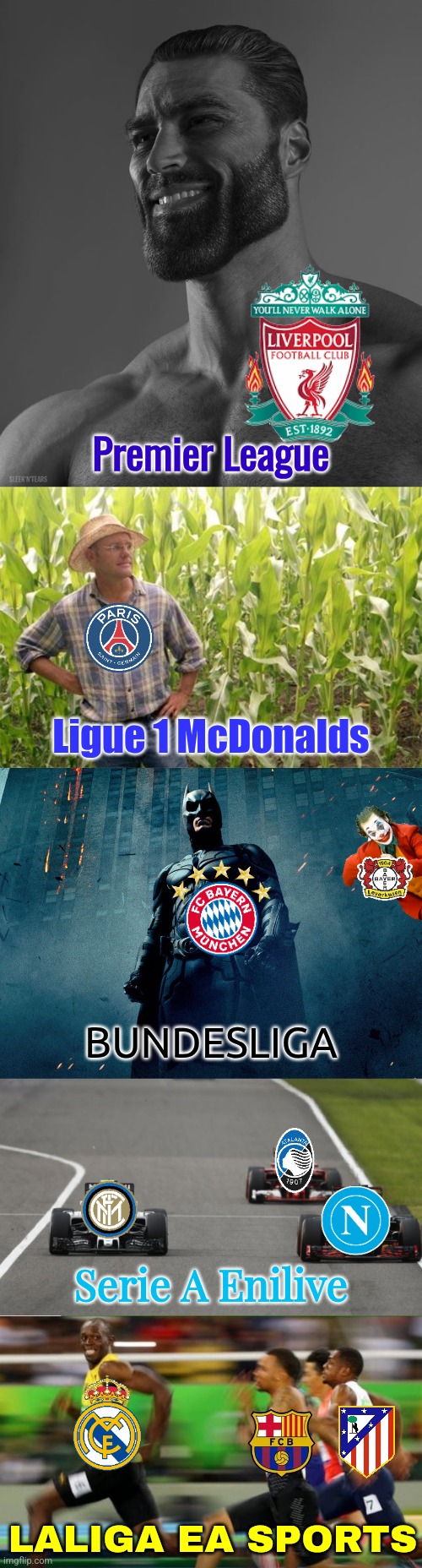 Top 5 European Football Leagues 2024/25 season so far... | Premier League; Ligue 1 McDonalds; BUNDESLIGA; Serie A Enilive; LALIGA EA SPORTS | image tagged in giga chad,farmer john,dark knight,footy,laliga,premier league | made w/ Imgflip meme maker