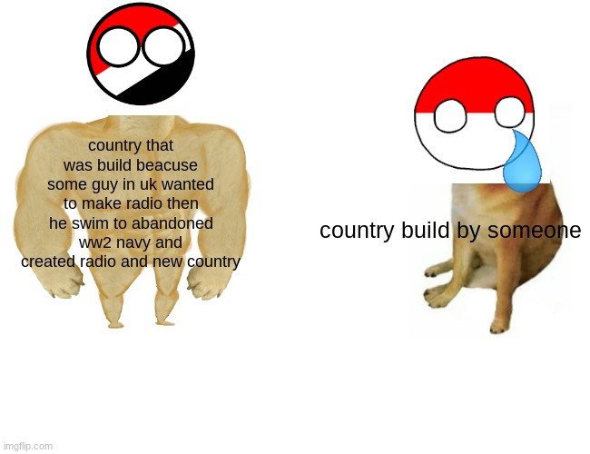 how country was created | country that was build beacuse some guy in uk wanted to make radio then he swim to abandoned ww2 navy and created radio and new country; country build by someone | image tagged in memes,buff doge vs cheems | made w/ Imgflip meme maker