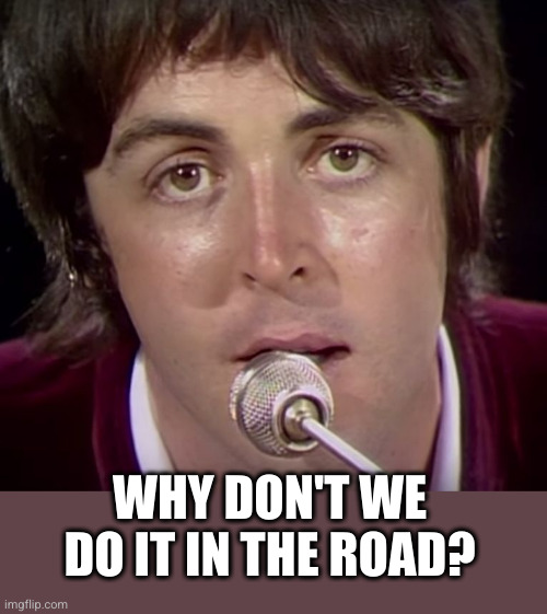 paul mccartney | WHY DON'T WE DO IT IN THE ROAD? | image tagged in paul mccartney | made w/ Imgflip meme maker