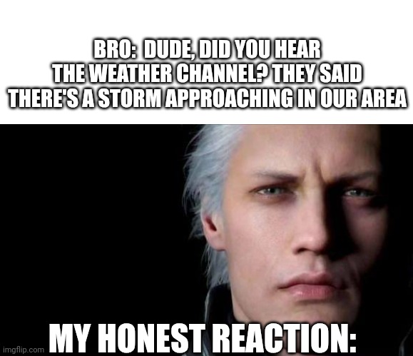 A storm is approaching | BRO:  DUDE, DID YOU HEAR THE WEATHER CHANNEL? THEY SAID THERE'S A STORM APPROACHING IN OUR AREA; MY HONEST REACTION: | image tagged in devil may cry | made w/ Imgflip meme maker