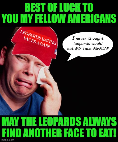 If you voted for this then may the leopards do whatever the hell they want with your face. Again. LEFA! | BEST OF LUCK TO YOU MY FELLOW AMERICANS; I never thought leopards would eat MY face AGAIN! LEOPARDS EATING
FACES AGAIN; MAY THE LEOPARDS ALWAYS FIND ANOTHER FACE TO EAT! | image tagged in maga crying,memes,politics,fecklessandfaceless | made w/ Imgflip meme maker