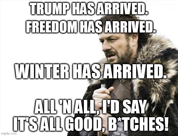 No need to brace, all good things are here again! | FREEDOM HAS ARRIVED. TRUMP HAS ARRIVED. WINTER HAS ARRIVED. ALL 'N ALL, I'D SAY IT'S ALL GOOD, B*TCHES! | image tagged in memes,brace yourselves x is coming,freedom,donald trump,winter,funny | made w/ Imgflip meme maker