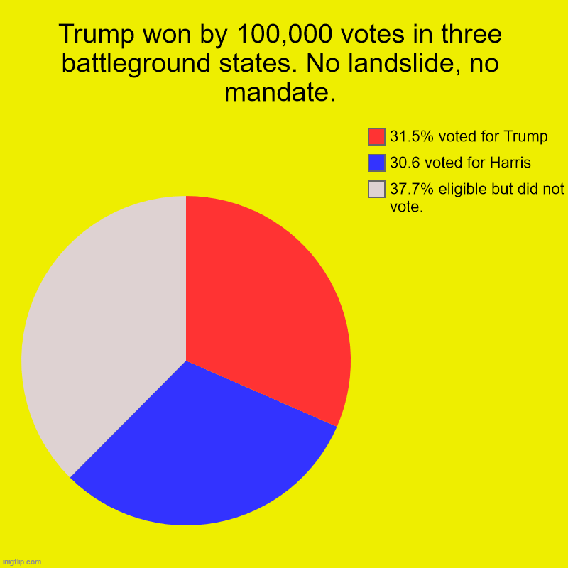 Two-thirds of eligible voters did NOT vote for Trump. | Trump won by 100,000 votes in three battleground states. No landslide, no mandate. | 37.7% eligible but did not vote., 30.6 voted for Harris | image tagged in charts,pie charts,voters,election 2024,landslide,mandate | made w/ Imgflip chart maker