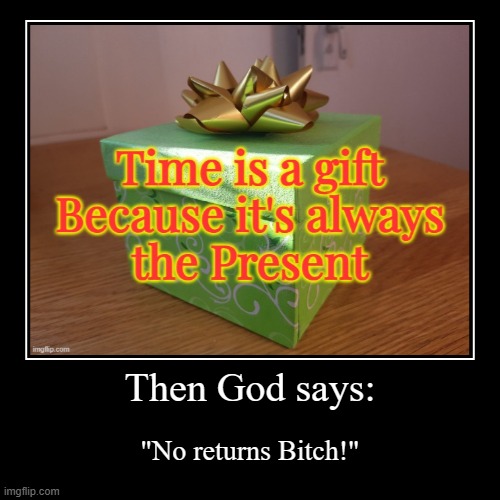 God given gift | Then God says: | "No returns Bitch!" | image tagged in funny,demotivationals,gift,time,god | made w/ Imgflip demotivational maker