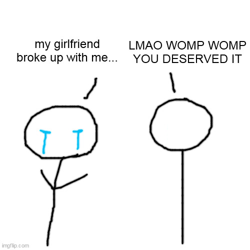 Msmg when konig said she broke up with him | LMAO WOMP WOMP YOU DESERVED IT; my girlfriend broke up with me... | image tagged in memes,blank transparent square | made w/ Imgflip meme maker