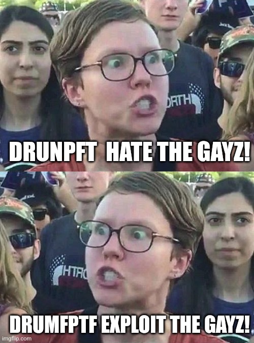 DRUNPFT  HATE THE GAYZ! DRUMFPTF EXPLOIT THE GAYZ! | image tagged in triggered liberal | made w/ Imgflip meme maker