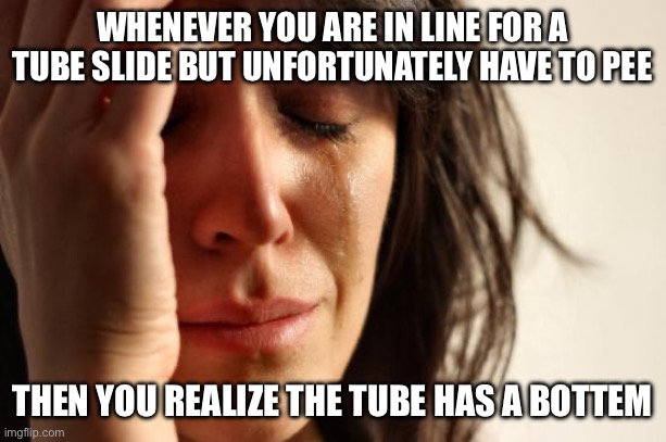 First World Problems | WHENEVER YOU ARE IN LINE FOR A TUBE SLIDE BUT UNFORTUNATELY HAVE TO PEE; THEN YOU REALIZE THE TUBE HAS A BOTTEM | image tagged in memes,first world problems | made w/ Imgflip meme maker