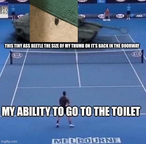 The beetle is currently tormenting me as we speak :( | THIS TINY ASS BEETLE THE SIZE OF MY THUMB ON IT’S BACK IN THE DOORWAY; MY ABILITY TO GO TO THE TOILET | image tagged in tank vs tennis player | made w/ Imgflip meme maker