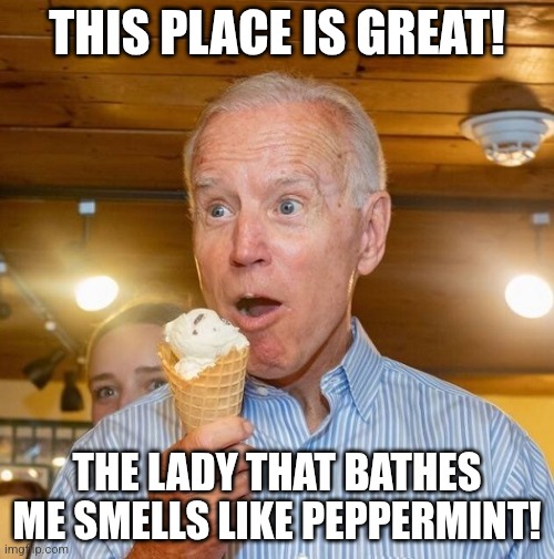 Biden loves ice cream | THIS PLACE IS GREAT! THE LADY THAT BATHES ME SMELLS LIKE PEPPERMINT! | image tagged in biden loves ice cream | made w/ Imgflip meme maker