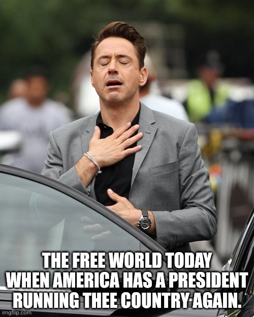 the media has been surprisingly uncurious about who's been running rhe country this last year | THE FREE WORLD TODAY WHEN AMERICA HAS A PRESIDENT RUNNING THEE COUNTRY AGAIN. | image tagged in relief | made w/ Imgflip meme maker