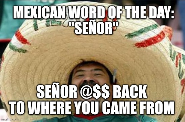 mexican word of the day | MEXICAN WORD OF THE DAY:
"SEÑOR"; SEÑOR @$$ BACK TO WHERE YOU CAME FROM | image tagged in mexican word of the day,funny memes | made w/ Imgflip meme maker