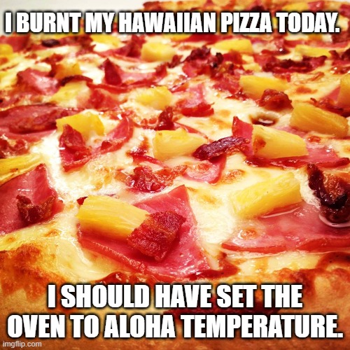 Daily Bad Dad Joke January 20, 2025 | I BURNT MY HAWAIIAN PIZZA TODAY. I SHOULD HAVE SET THE OVEN TO ALOHA TEMPERATURE. | image tagged in hawaiian pizza | made w/ Imgflip meme maker