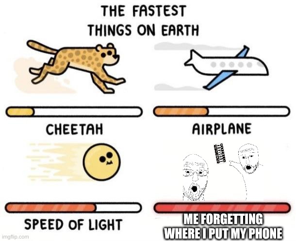 HEHE | ME FORGETTING WHERE I PUT MY PHONE | image tagged in the fastest things on earth cheetah airplane speed of light | made w/ Imgflip meme maker