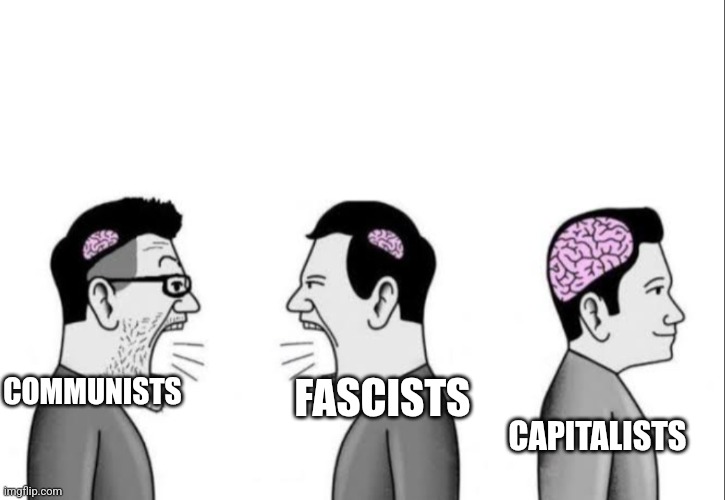 2 dumbass arguing while a smartass is ignoring them | COMMUNISTS; FASCISTS; CAPITALISTS | image tagged in 2 dumbass arguing while a smartass is ignoring them | made w/ Imgflip meme maker