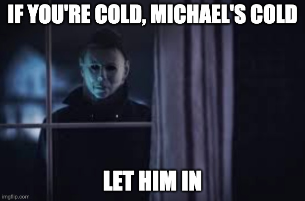 Halloween Movie Michael Myers Outside Window | IF YOU'RE COLD, MICHAEL'S COLD; LET HIM IN | image tagged in halloween movie michael myers outside window | made w/ Imgflip meme maker