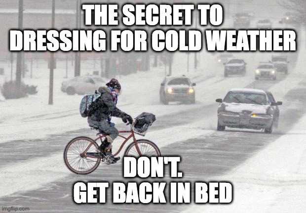 cold weather hacks | THE SECRET TO DRESSING FOR COLD WEATHER; DON'T.
GET BACK IN BED | image tagged in cold weather | made w/ Imgflip meme maker