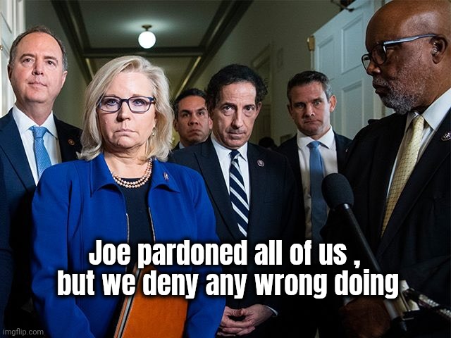 J6 Committee | Joe pardoned all of us , 
but we deny any wrong doing | image tagged in j6 committee | made w/ Imgflip meme maker