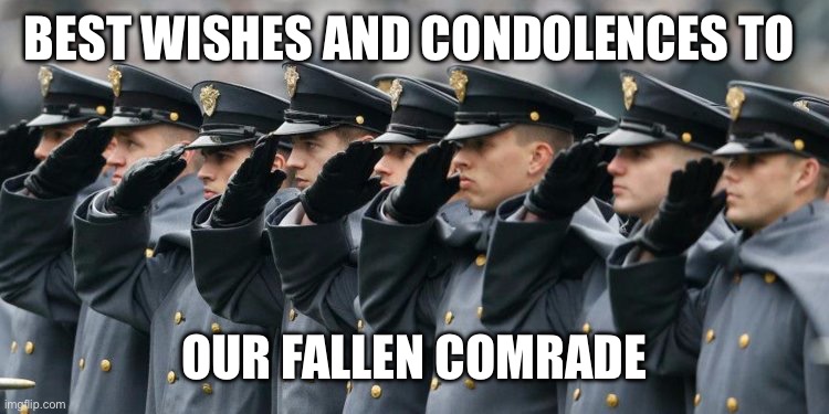 Military Salute | BEST WISHES AND CONDOLENCES TO OUR FALLEN COMRADE | image tagged in military salute | made w/ Imgflip meme maker