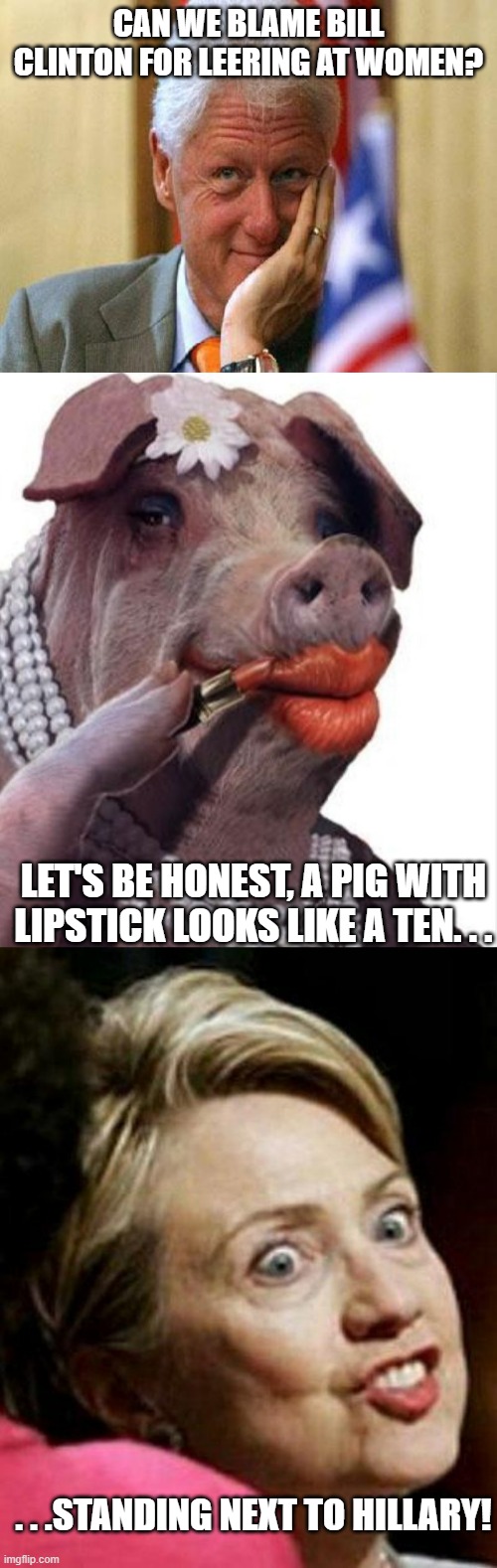 Got the idea watching the inauguration and seeing Bill leering at all the women. | CAN WE BLAME BILL CLINTON FOR LEERING AT WOMEN? LET'S BE HONEST, A PIG WITH LIPSTICK LOOKS LIKE A TEN. . . . . .STANDING NEXT TO HILLARY! | image tagged in smiling bill clinton,lipstick on a pig,hillary clinton fish,politics,political meme,political humor | made w/ Imgflip meme maker