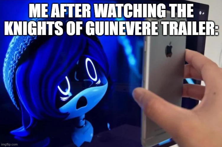 :I | ME AFTER WATCHING THE KNIGHTS OF GUINEVERE TRAILER: | image tagged in shocked uzi,murder drones,glitch,wtf,disturbing | made w/ Imgflip meme maker