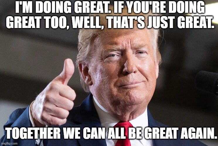 Happy Inauguration Day | I'M DOING GREAT. IF YOU'RE DOING GREAT TOO, WELL, THAT'S JUST GREAT. TOGETHER WE CAN ALL BE GREAT AGAIN. | image tagged in donald trump,inauguration,inauguration day,trump inauguration,2024 elections,president trump | made w/ Imgflip meme maker