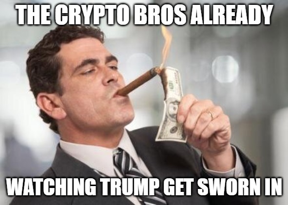 The Crypto Bros Already | THE CRYPTO BROS ALREADY; WATCHING TRUMP GET SWORN IN | image tagged in rich guy burning money,donald trump,leonardo dicaprio wolf of wall street | made w/ Imgflip meme maker