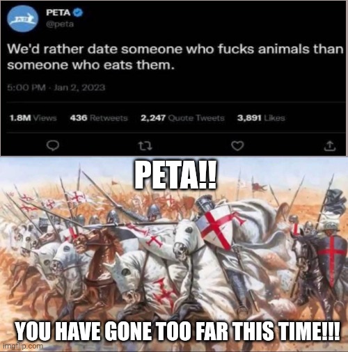 Oh my godness.... | PETA!! YOU HAVE GONE TOO FAR THIS TIME!!! | image tagged in knights templar charge,anti furry,peta wtf | made w/ Imgflip meme maker