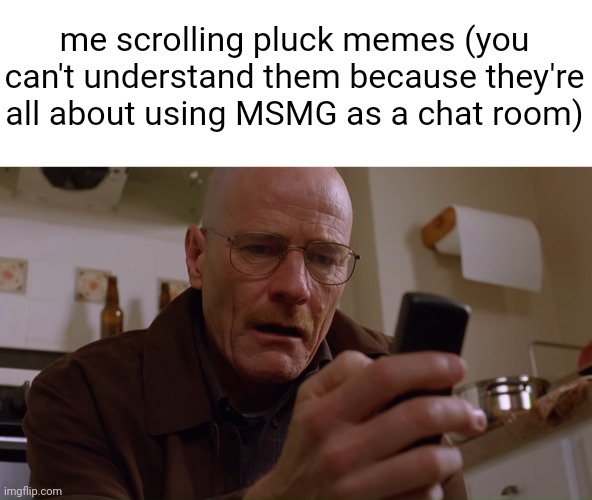 Walter White on his Phone | me scrolling pluck memes (you can't understand them because they're all about using MSMG as a chat room) | image tagged in walter white on his phone | made w/ Imgflip meme maker