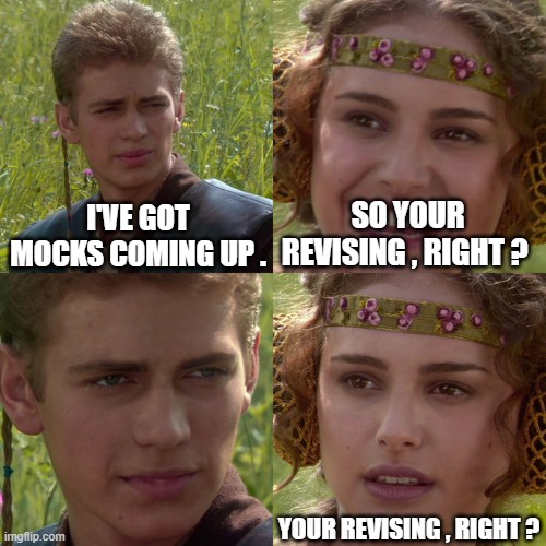 I refuse to revise , but I probably should | I'VE GOT MOCKS COMING UP . SO YOUR REVISING , RIGHT ? YOUR REVISING , RIGHT ? | image tagged in anakin padme 4 panel | made w/ Imgflip meme maker