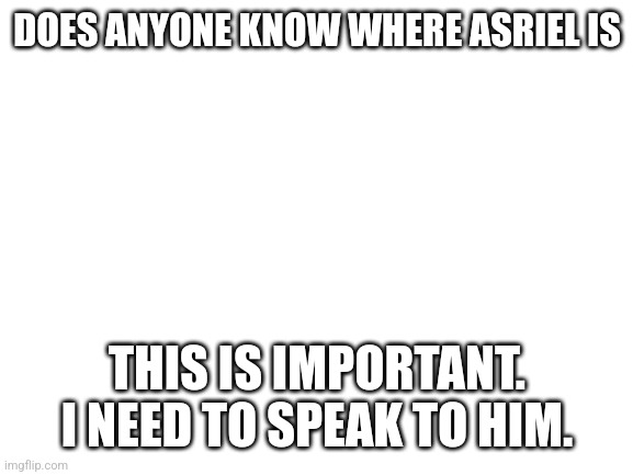 Blank White Template | DOES ANYONE KNOW WHERE ASRIEL IS; THIS IS IMPORTANT. I NEED TO SPEAK TO HIM. | image tagged in blank white template | made w/ Imgflip meme maker