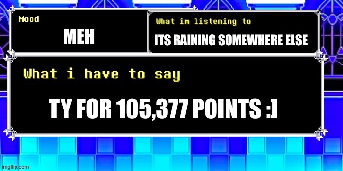 congrats | MEH; ITS RAINING SOMEWHERE ELSE; TY FOR 105,377 POINTS :] | image tagged in episcal annoucement temp | made w/ Imgflip meme maker