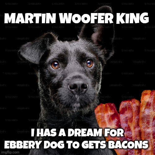 Martin Luther King day meme | MARTIN WOOFER KING; I HAS A DREAM FOR EBBERY DOG TO GETS BACONS | image tagged in dogs | made w/ Imgflip meme maker