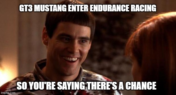 GT3 mustang | GT3 MUSTANG ENTER ENDURANCE RACING; SO YOU'RE SAYING THERE'S A CHANCE | image tagged in so you're saying there's a chance,gt3,mustang,imsa | made w/ Imgflip meme maker