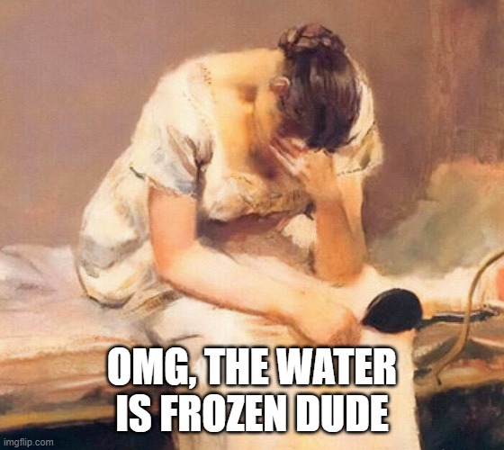 OMG, THE WATER IS FROZEN DUDE | image tagged in sad | made w/ Imgflip meme maker