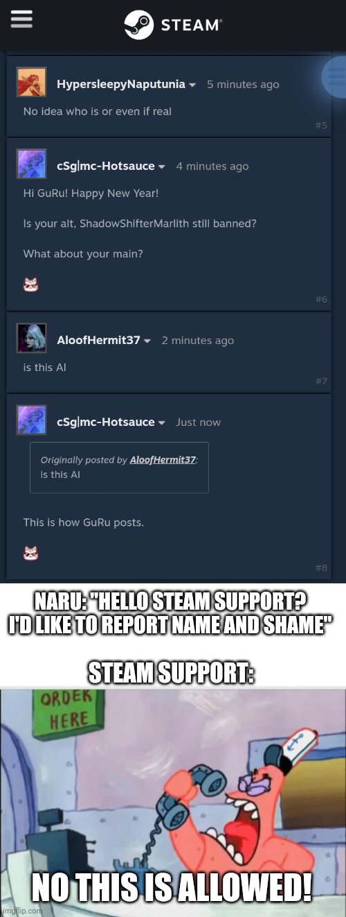 NARU: "HELLO STEAM SUPPORT? I'D LIKE TO REPORT NAME AND SHAME"; STEAM SUPPORT:; NO THIS IS ALLOWED! | image tagged in blank white template,no this is patrick | made w/ Imgflip meme maker