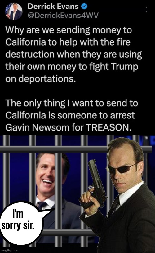 Arrest Gavin Newsom | I'm sorry sir. | image tagged in gavin newsom,black background,why is the fbi here,gavin,agent smith | made w/ Imgflip meme maker