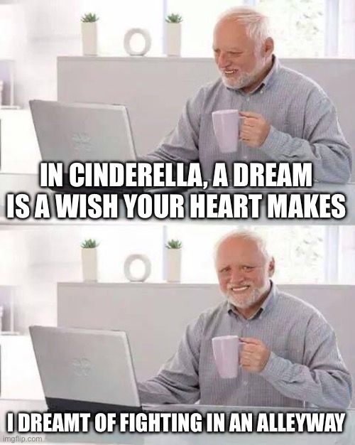 Hide the Pain Harold Meme | IN CINDERELLA, A DREAM IS A WISH YOUR HEART MAKES; I DREAMT OF FIGHTING IN AN ALLEYWAY | image tagged in memes,hide the pain harold | made w/ Imgflip meme maker