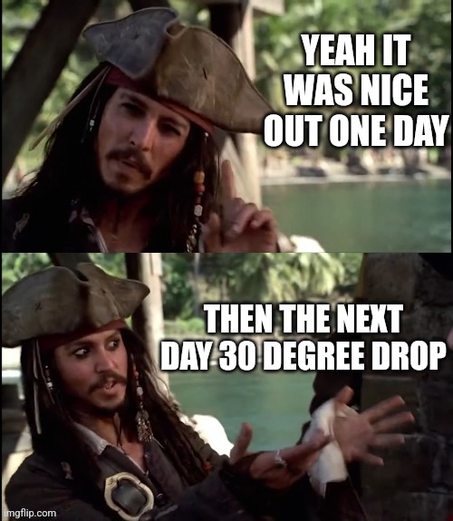 JACK SPARROW I LIKE THIS | YEAH IT WAS NICE OUT ONE DAY THEN THE NEXT DAY 30 DEGREE DROP | image tagged in jack sparrow i like this | made w/ Imgflip meme maker