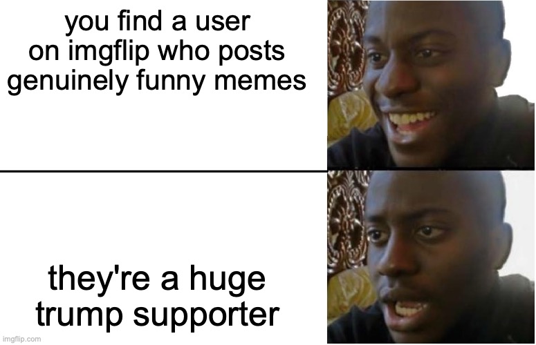 you find a user on imgflip who posts genuinely funny memes they're a huge trump supporter | image tagged in disappointed black guy | made w/ Imgflip meme maker