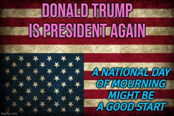 Donald Trump Is President Again (A National Day Of Mourning Might Be A Good Start) | DONALD TRUMP IS PRESIDENT AGAIN; A NATIONAL DAY
OF MOURNING
MIGHT BE
A GOOD START | image tagged in upside down flag,breaking news,donald trump,scumbag america,scumbag republicans,trump is a moron | made w/ Imgflip meme maker