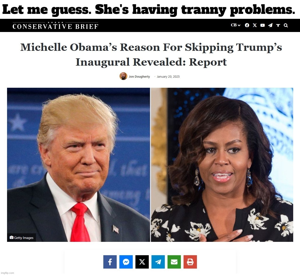 The REAL Reason Former First Lady Michelle Obama Refuses to Attend Trump's Inaugural With Her Husband Revealed | image tagged in trump inauguration,potus47,transmission,tranny,tranny problems,michelle obama | made w/ Imgflip meme maker
