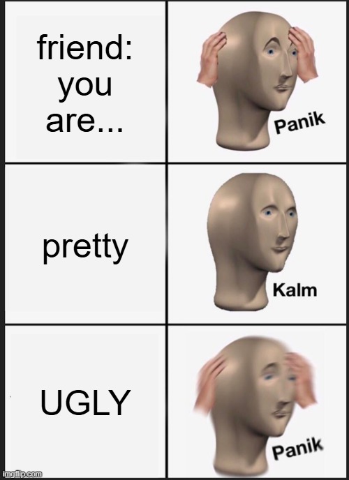 Panik Kalm Panik Meme | friend: you are... pretty; UGLY | image tagged in memes,panik kalm panik | made w/ Imgflip meme maker