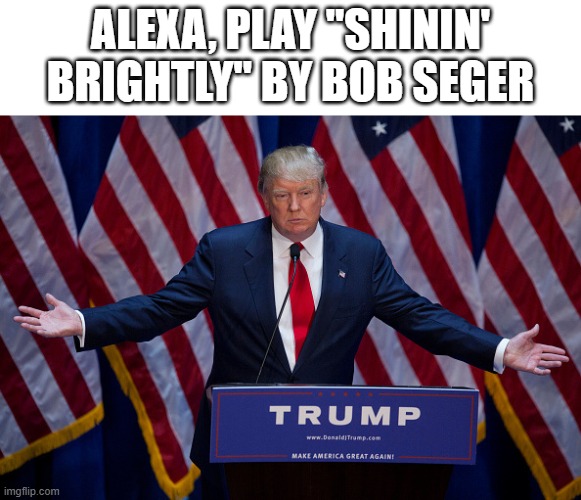 Play "Amish Paradise" as well, while you're at it. | ALEXA, PLAY "SHININ' BRIGHTLY" BY BOB SEGER | image tagged in donald trump,memes,music,trump inauguration | made w/ Imgflip meme maker