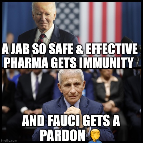 Fauci pardon jab so safe | A JAB SO SAFE & EFFECTIVE
PHARMA GETS IMMUNITY; AND FAUCI GETS A
PARDON 🤦‍♂️ | image tagged in fauci,vaccine,pardon,biden,pfizer,moderna | made w/ Imgflip meme maker