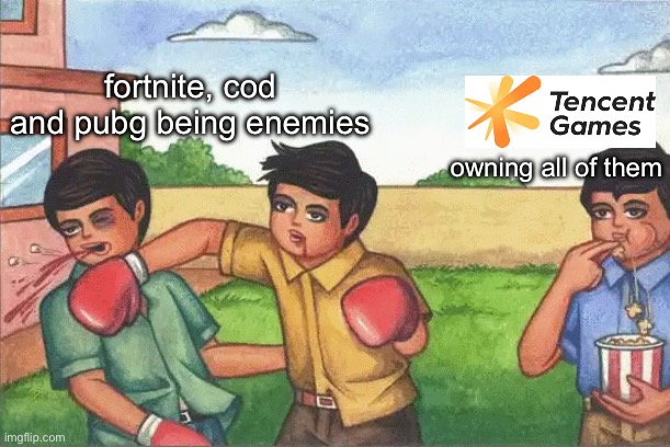 tencent games moment | fortnite, cod and pubg being enemies; owning all of them | image tagged in two kids boxing while one watches | made w/ Imgflip meme maker