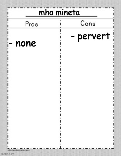 Pros and Cons Chart | mha mineta; - pervert; - none | image tagged in pros and cons chart,mineta,mha | made w/ Imgflip meme maker