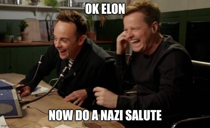 Elon nazi salute | OK ELON; NOW DO A NAZI SALUTE | image tagged in ant n dec now tell them | made w/ Imgflip meme maker