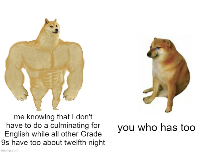 Twelfth Night Meme | me knowing that I don't have to do a culminating for English while all other Grade 9s have too about twelfth night; you who has too | image tagged in memes,buff doge vs cheems | made w/ Imgflip meme maker