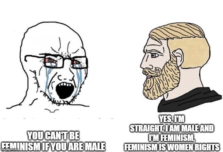 soyboy anti-feminism vs yes chad straight feminism | YES, I'M STRAIGHT, I AM MALE AND I'M FEMINISM, FEMINISM IS WOMEN RIGHTS; YOU CAN'T BE FEMINISM IF YOU ARE MALE | image tagged in soyboy vs yes chad,straight,feminism | made w/ Imgflip meme maker