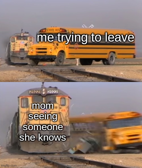 "Oh, Cheryl, it's been so long!" | me trying to leave; mom seeing someone she knows | image tagged in a train hitting a school bus | made w/ Imgflip meme maker